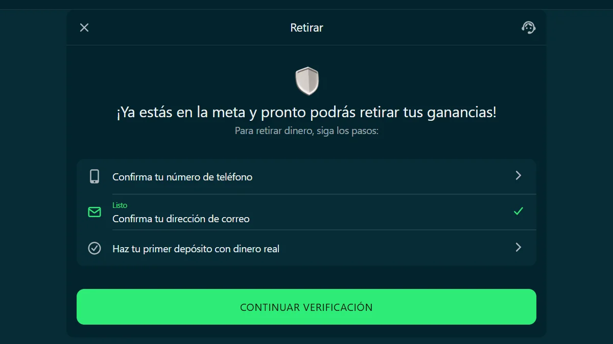 Interfaz de Betonwin con los requisitos de confirmación del teléfono y correo antes del retiro