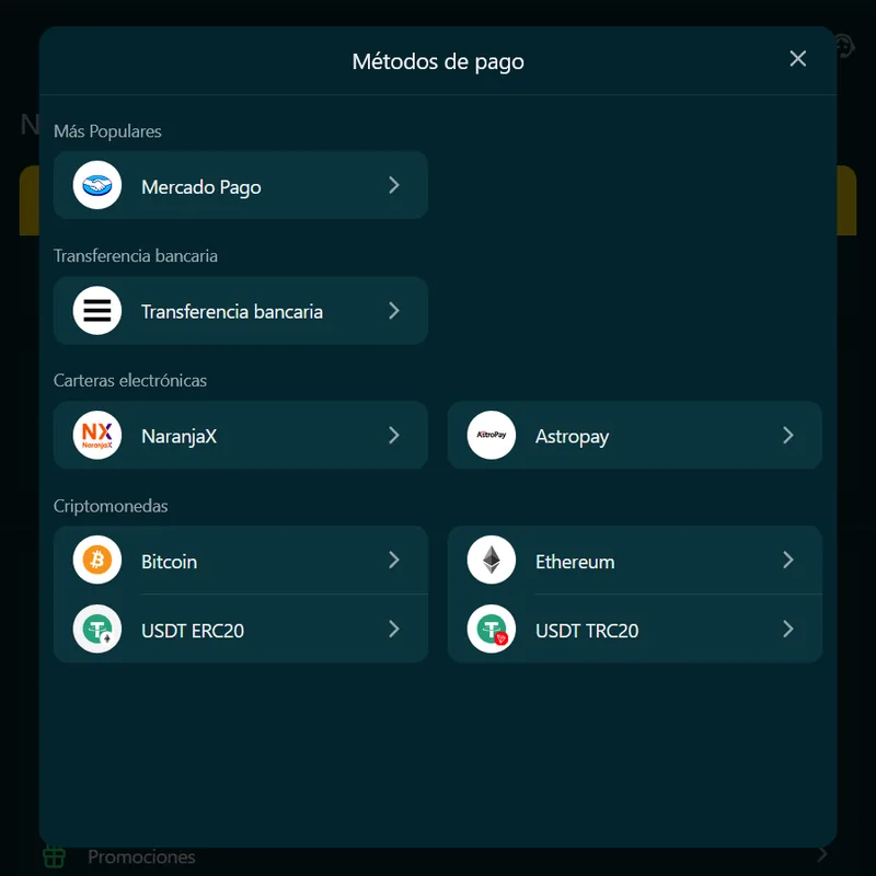 Betonwin: métodos de pago con Mercado Pago, transferencia bancaria y criptomonedas