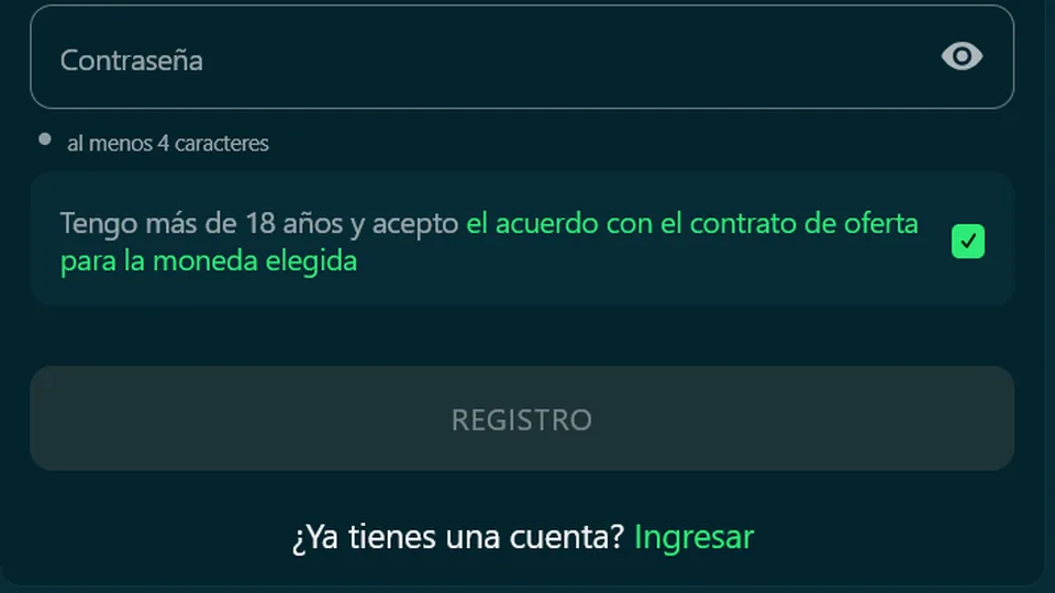Betonwin: aceptación de las condiciones de la cuenta en el formulario de registro