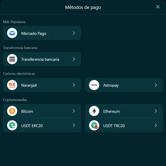 Métodos de pago de Betonwin para Argentina: Mercado Pago, NaranjaX, Astropay y criptomonedas