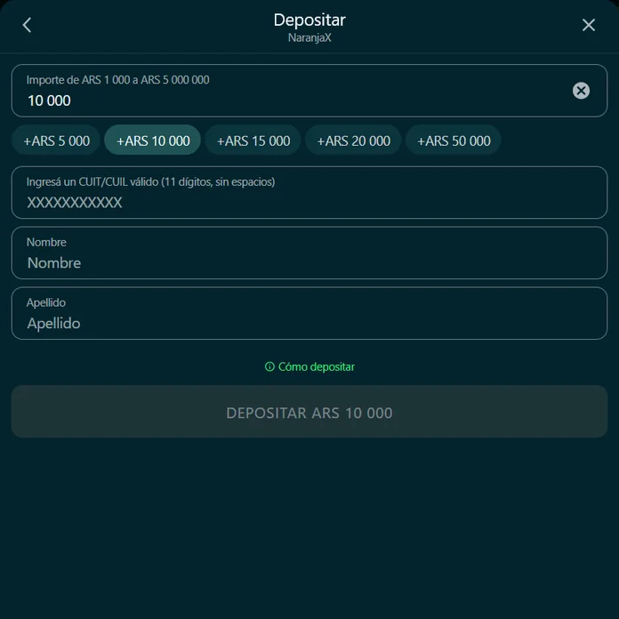 Interfaz original de Betonwin con los límites de depósito en ARS mediante NaranjaX