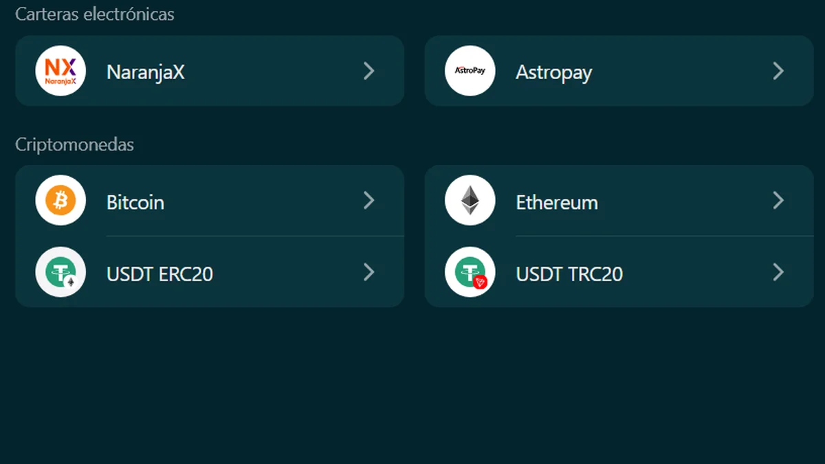 Interfaz original de Betonwin con Bitcoin, Ethereum y USDT en las redes ERC20 y TRC20